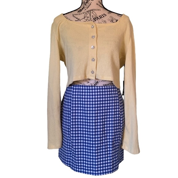 Love on a Hanger Gingham Plaid Check Mini Skirt Blue White Juniors 7 Small - Picture 1 of 13